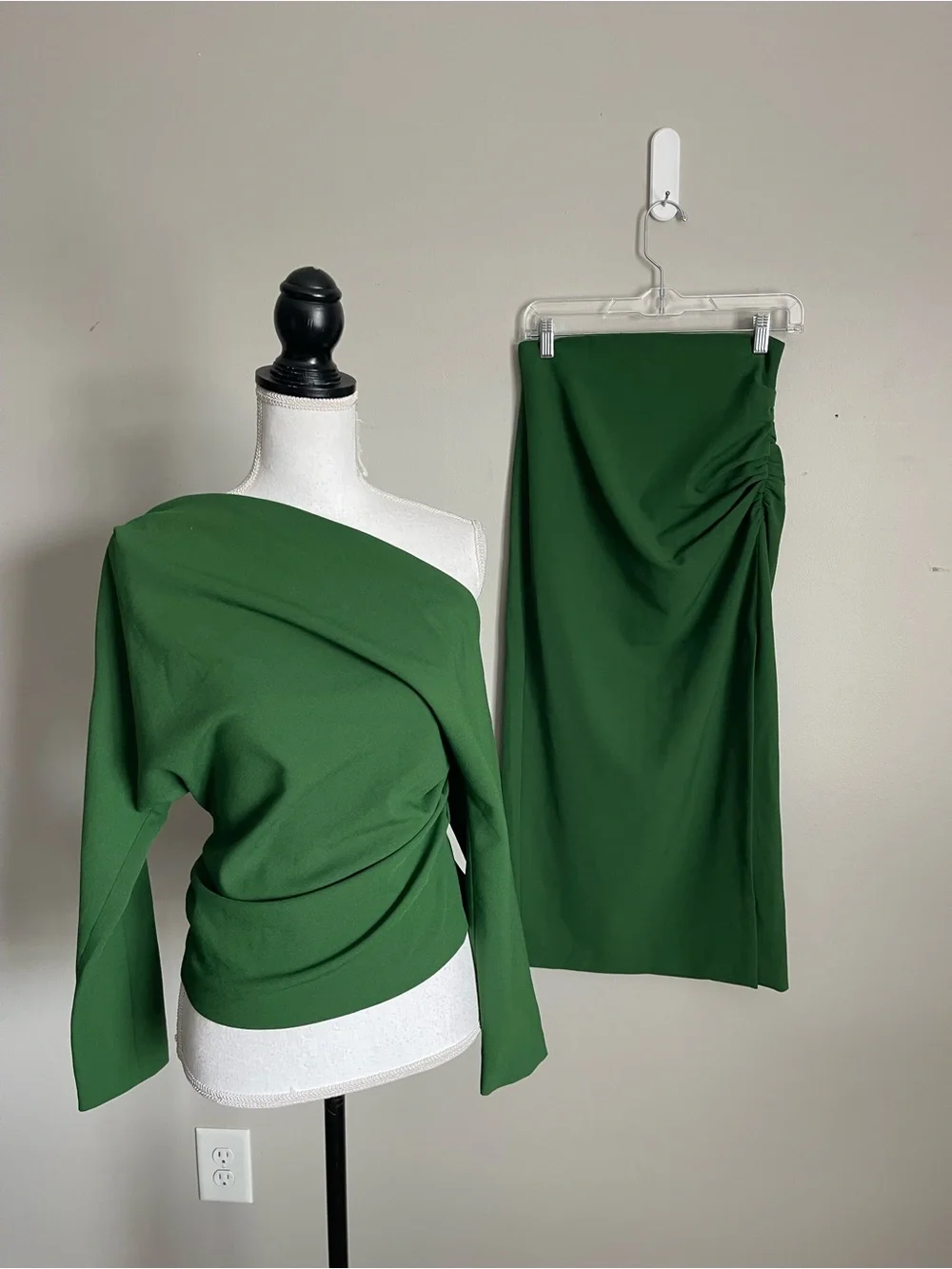 ZARA Forest Green Draped Two-Piece Co-Ord Midi Skirt Set Sz S
